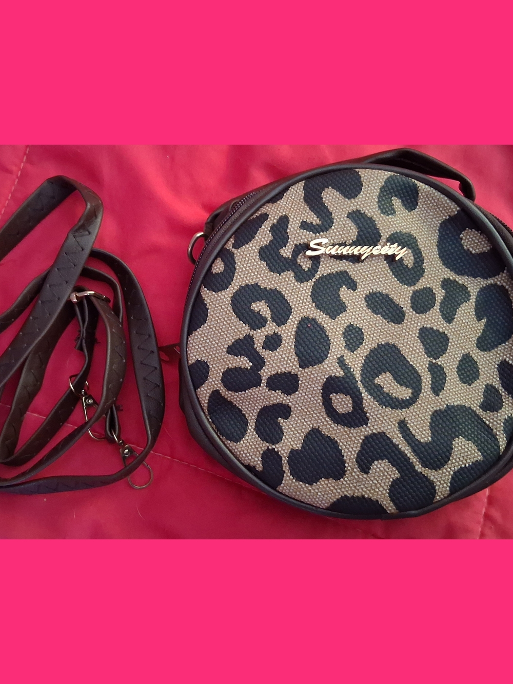 Leopard Print Round Crossbody Bag - Black & Tan